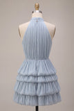 Vestido de Finalistas Azul com decote halter e linha em A, com folhos e folhos e bainha