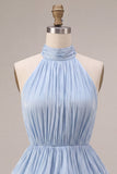 Vestido de Finalistas Azul com decote halter e linha em A, com folhos e folhos e bainha