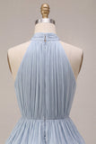 Vestido de Finalistas Azul com decote halter e linha em A, com folhos e folhos e bainha