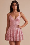 Vestido Curto de Regresso a Casa Corredor Cor-de-Rosa com Lantejoulas em Níveis A