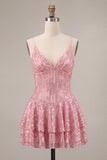 Vestido Curto de Regresso a Casa Corredor Cor-de-Rosa com Lantejoulas em Níveis A