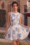 Vestido Curto de Regresso a Casa Jacquard Flor de Ameixeira Branca Com Folhos A