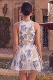 Vestido Curto de Regresso a Casa Jacquard Flor de Ameixeira Branca Com Folhos A