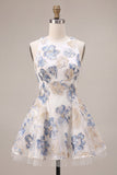 Vestido Curto de Regresso a Casa Jacquard Flor de Ameixeira Branca Com Folhos A