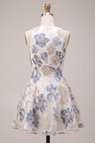 Vestido Curto de Regresso a Casa Jacquard Flor de Ameixeira Branca Com Folhos A