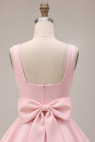 Vestido curto de regresso a casa, decote quadrado com folhos e decote quadrado, cor-de-rosa, com laço