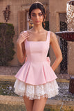 Vestido curto de regresso a casa, decote quadrado com folhos e decote quadrado, cor-de-rosa, com laço