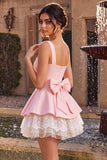 Vestido curto de regresso a casa, decote quadrado com folhos e decote quadrado, cor-de-rosa, com laço