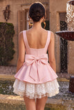Vestido curto de regresso a casa, decote quadrado com folhos e decote quadrado, cor-de-rosa, com laço