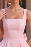 Vestido curto de regresso a casa, decote quadrado com folhos e decote quadrado, cor-de-rosa, com laço