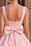 Vestido curto de regresso a casa, decote quadrado com folhos e decote quadrado, cor-de-rosa, com laço