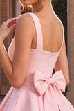 Vestido curto de regresso a casa, decote quadrado com folhos e decote quadrado, cor-de-rosa, com laço