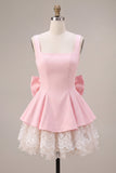 Vestido curto de regresso a casa, decote quadrado com folhos e decote quadrado, cor-de-rosa, com laço