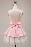 Vestido curto de regresso a casa, decote quadrado com folhos e decote quadrado, cor-de-rosa, com laço