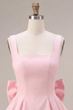 Vestido curto de regresso a casa, decote quadrado com folhos e decote quadrado, cor-de-rosa, com laço