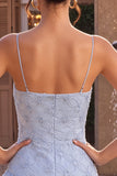 Vestido curto de regresso ao lar com alças finas azul bodycon com folhos