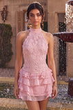 Vestido Curto de Boas-Vindas, Vestido Curto de Boas-Vindas Corredor com Gola Halter, Decote Topo Corredor de Decote Topo Rosa