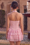 Vestido Curto de Boas-Vindas, Vestido Curto de Boas-Vindas Corredor com Gola Halter, Decote Topo Corredor de Decote Topo Rosa