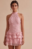 Vestido Curto de Boas-Vindas, Vestido Curto de Boas-Vindas Corredor com Gola Halter, Decote Topo Corredor de Decote Topo Rosa