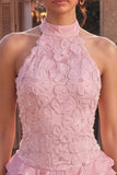 Vestido Curto de Boas-Vindas, Vestido Curto de Boas-Vindas Corredor com Gola Halter, Decote Topo Corredor de Decote Topo Rosa