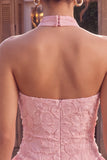 Vestido Curto de Boas-Vindas, Vestido Curto de Boas-Vindas Corredor com Gola Halter, Decote Topo Corredor de Decote Topo Rosa