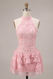 Vestido Curto de Boas-Vindas, Vestido Curto de Boas-Vindas Corredor com Gola Halter, Decote Topo Corredor de Decote Topo Rosa