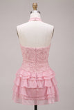 Vestido Curto de Boas-Vindas, Vestido Curto de Boas-Vindas Corredor com Gola Halter, Decote Topo Corredor de Decote Topo Rosa