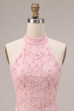 Vestido Curto de Boas-Vindas, Vestido Curto de Boas-Vindas Corredor com Gola Halter, Decote Topo Corredor de Decote Topo Rosa