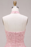 Vestido Curto de Boas-Vindas, Vestido Curto de Boas-Vindas Corredor com Gola Halter, Decote Topo Corredor de Decote Topo Rosa