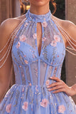 Vestido curto de regresso a casa, decote azul A-Line com decote floral com folhos florais e pérolas