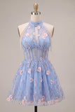 Vestido curto de regresso a casa, decote azul A-Line com decote floral com folhos florais e pérolas