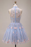 Vestido curto de regresso a casa, decote azul A-Line com decote floral com folhos florais e pérolas