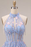 Vestido curto de regresso a casa, decote azul A-Line com decote floral com folhos florais e pérolas