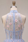Vestido curto de regresso a casa, decote azul A-Line com decote floral com folhos florais e pérolas