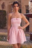 Vestido curto de regresso a casa cor-de-rosa Jacquard A-Line com folhos sem alças