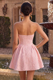 Vestido curto de regresso a casa cor-de-rosa Jacquard A-Line com folhos sem alças