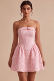 Vestido curto de regresso a casa cor-de-rosa Jacquard A-Line com folhos sem alças