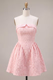 Vestido curto de regresso a casa cor-de-rosa Jacquard A-Line com folhos sem alças