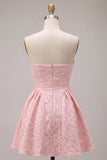 Vestido curto de regresso a casa cor-de-rosa Jacquard A-Line com folhos sem alças