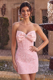 Vestido curto de regresso a casa, Corpete Jacquard cor-de-rosa cor-de-rosa Bodycon, sem alças, com laço