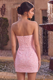 Vestido curto de regresso a casa, Corpete Jacquard cor-de-rosa cor-de-rosa Bodycon, sem alças, com laço