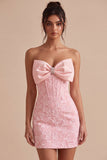 Vestido curto de regresso a casa, Corpete Jacquard cor-de-rosa cor-de-rosa Bodycon, sem alças, com laço
