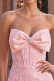 Vestido curto de regresso a casa, Corpete Jacquard cor-de-rosa cor-de-rosa Bodycon, sem alças, com laço