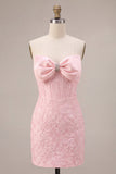 Vestido curto de regresso a casa, Corpete Jacquard cor-de-rosa cor-de-rosa Bodycon, sem alças, com laço
