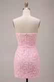 Vestido curto de regresso a casa, Corpete Jacquard cor-de-rosa cor-de-rosa Bodycon, sem alças, com laço