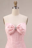 Vestido curto de regresso a casa, Corpete Jacquard cor-de-rosa cor-de-rosa Bodycon, sem alças, com laço
