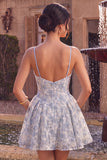 Vestido Curto de Finalistas Azul Bordado Floral A-Line com Folhos