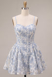Vestido Curto de Finalistas Azul Bordado Floral A-Line com Folhos