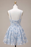 Vestido Curto de Finalistas Azul Bordado Floral A-Line com Folhos