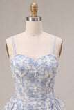 Vestido Curto de Finalistas Azul Bordado Floral A-Line com Folhos
